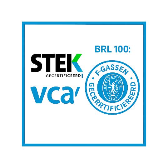 Certificeringslogo’s STEK, VCA, BRL 100 en F-gassen – officiële erkenningen voor veiligheid, koeltechniek en duurzaamheid